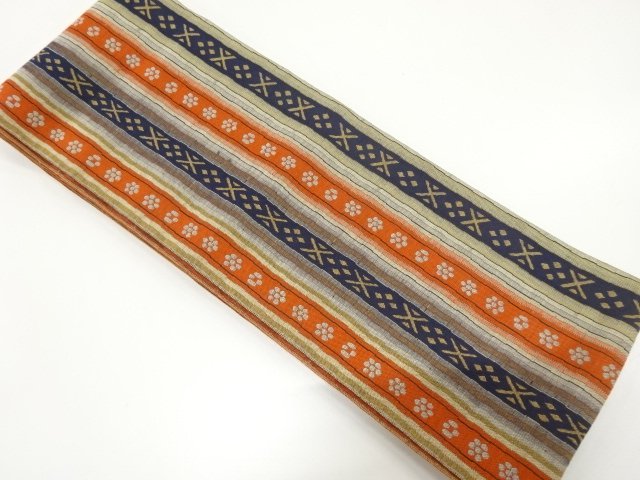 縞に小花模様織り出し　半幅帯